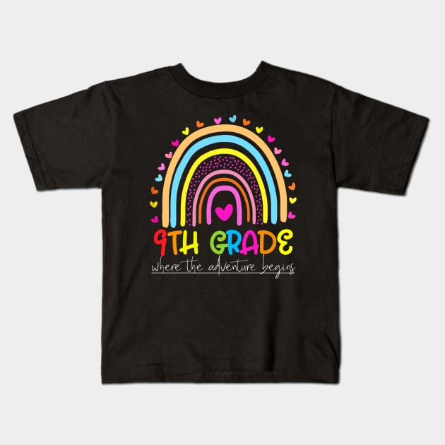 Rainbow 9th Grade Where The Adventure Begins Kids T-Shirt by Red and Black Floral